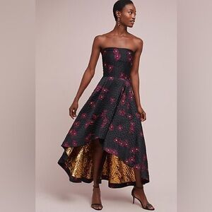 Shoshanna Strapless Black Metallic Floral Gown